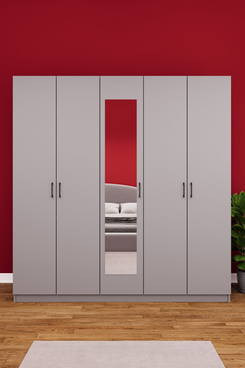 MDF 5 Kapaklı, 2 Çekmeceli, Aynalı Gardırop - 200x208x53cm, Geniş Kıyafet Dolabı, G-04