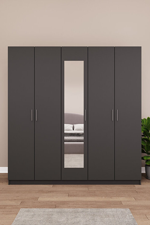 MDF 5 Kapaklı, 2 Çekmeceli, Aynalı Gardırop - 200x208x53cm, Geniş Kıyafet Dolabı, G-04