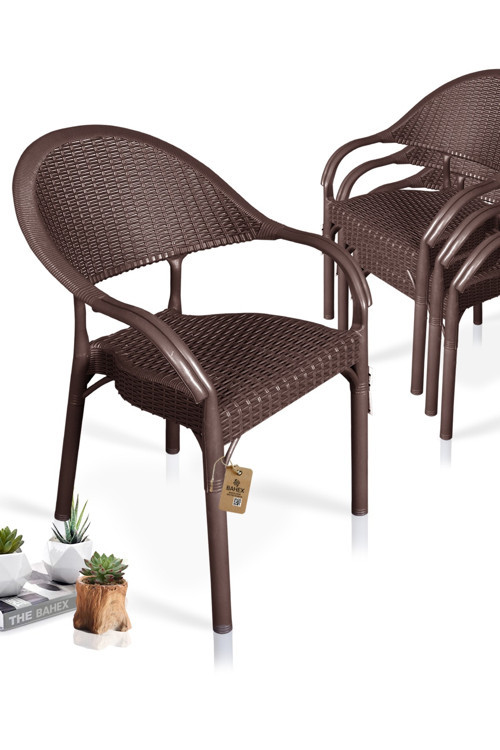 Bambu Rattan Kollu Sandalye Koltuk 4 Adet Dayanıklı Bahçe Sandalyesi Kahve