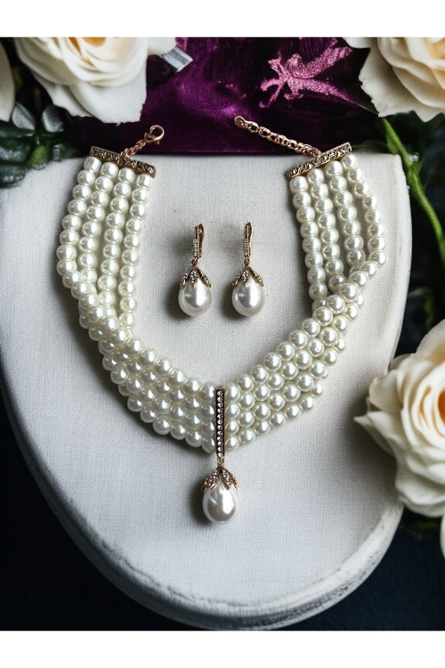 İnci Set Takım Zirkon Taşlı İnci Küpe ve İnci Kolye Seti