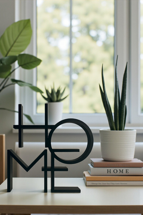 Home Dekor Yazısı Modern Ev Aksesuarı – Minimalist Masa Üstü Dekor, Siyah Home Yazı Obje