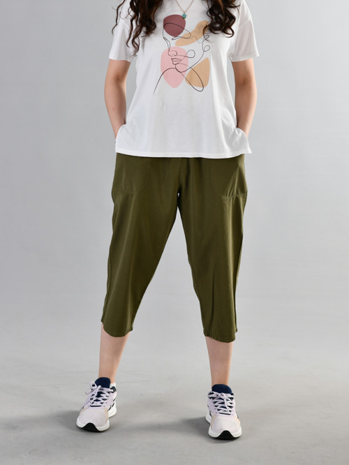 %100 Pamuk Keten Kumaştan Beli Lastikli ve Bağcıklı Kadın Rahat Kalıp Bol Kesim Günlük Ev Dış Spor Yazlık Baharlık Giyim Hambez Diz Altı Kapri Bermuda Şort Pantolon Eşofman Altı