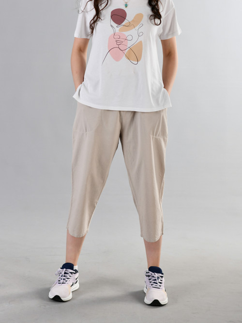 %100 Pamuk Keten Kumaştan Beli Lastikli ve Bağcıklı Kadın Rahat Kalıp Bol Kesim Günlük Ev Dış Spor Yazlık Baharlık Giyim Hambez Diz Altı Kapri Bermuda Şort Pantolon Eşofman Altı