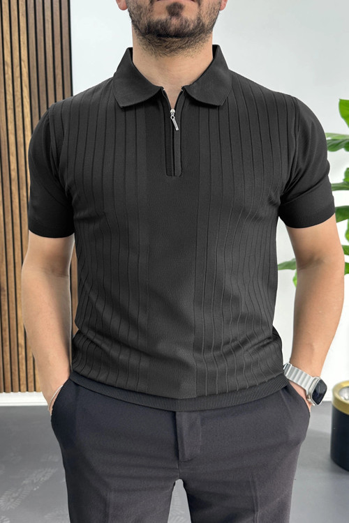 Erkek Çizgi Desenli Polo Yaka Siyah Edw458