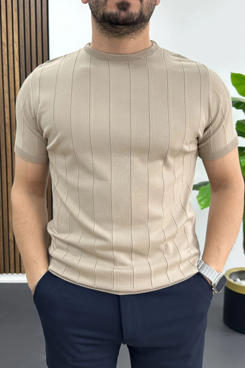 Erkek Bisiklet Yaka Çizgili Tişört Vizon Edw456