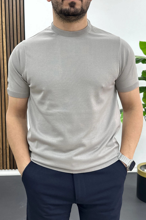 Erkek Düz Desen Bisiklet Yaka Tişört Gri Edw459