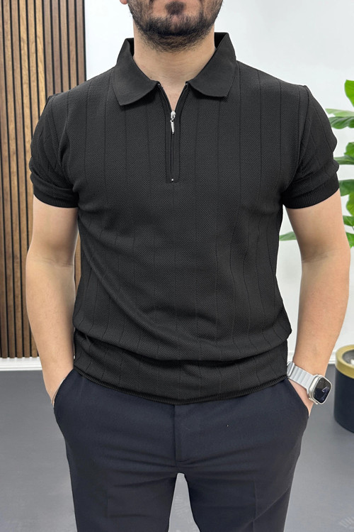 Erkek Nokta Desenli Polo Yaka Tişört Siyah Edw462