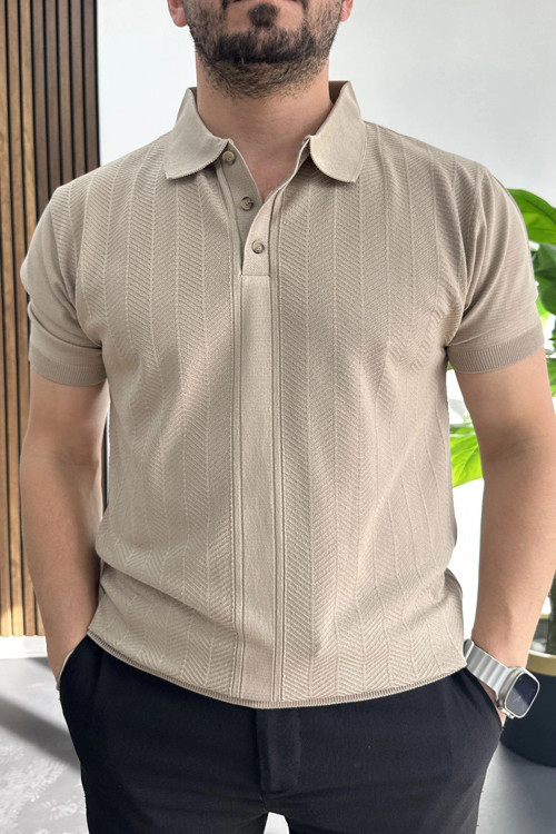 Erkek Desenli Polo Yaka Tişört Vizon Edw460