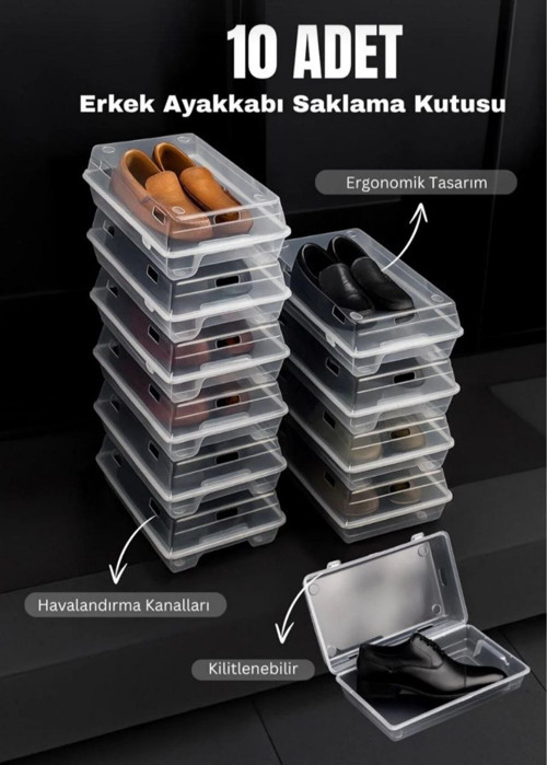 10 Adet Şeffaf Erkek Ayakkabı Saklama Kutusu Düzenleyici