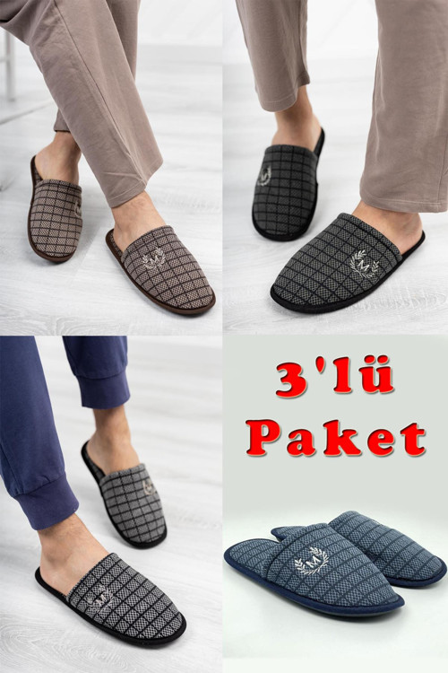 3'LÜ Paket Motif Erkek Terlik Ev Terliği