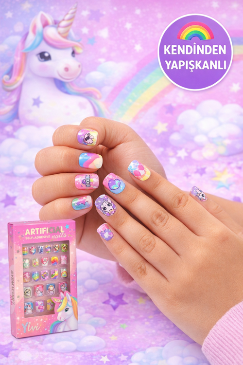 Ylvi Unicorn Desenli Kendinden Yapışkanlı Çocuk Takma Tırnak Seti 24 Parça