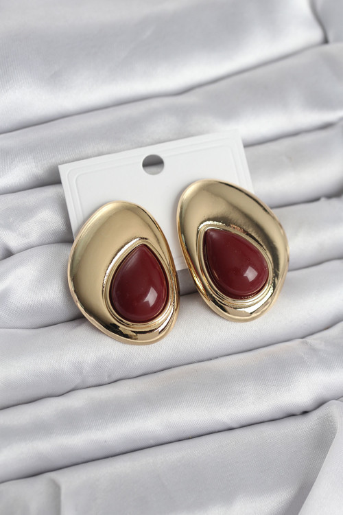 Pirinç Gold Renk Bordo Taşlı Damla Model Vintage Kadın Küpe - EBJ260220W39833