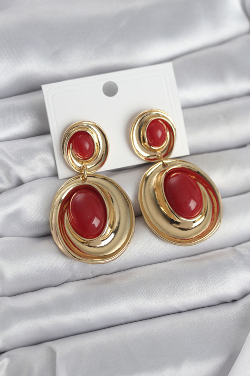 Kırmızı Sallantılı Damla Model Gold Renk Vintage Kadın Küpe - EBJ260220W39821