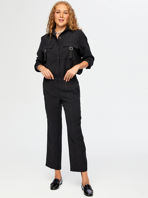 Kadın Dikiş Detaylı Straight Fit Siyah Pantolon UW26PNT004