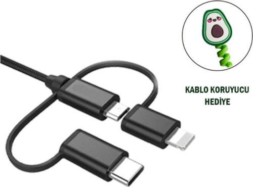Apple Mfi Lisanslı Lightning + Type-C + Micro Usb 3'lü Hasır İp Kablo 1,5metre