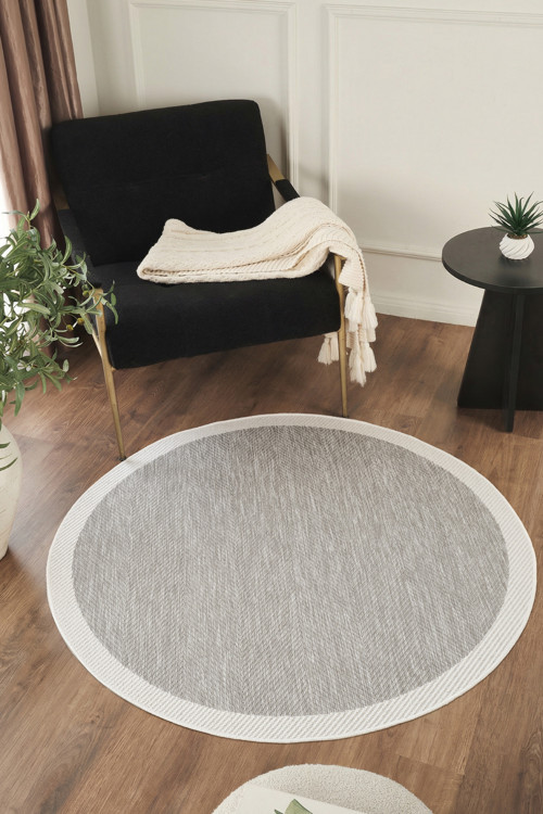 Sisalux 3087 Gri Beyaz Yuvarlak Sisal Dokuma Jüt Kilim Hav Toz Vermez Mutfak Oturma Odası Halısı
