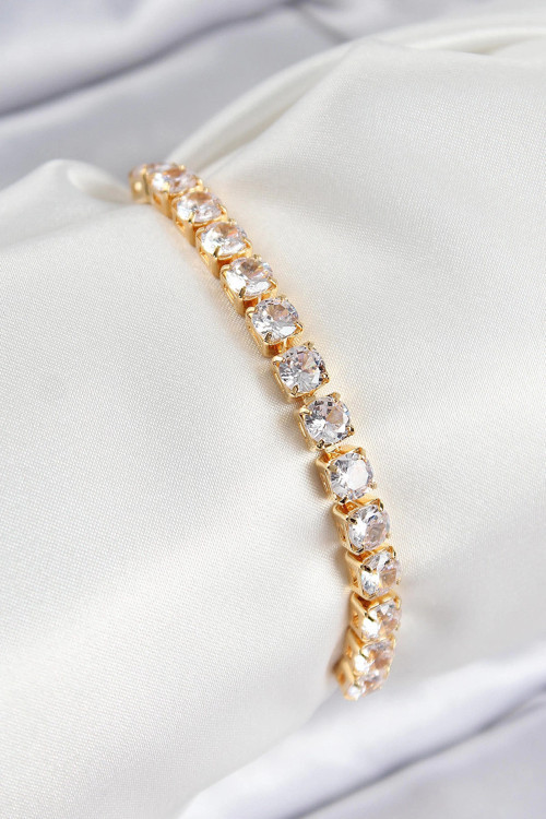 Pirinç Zirkon Taşlı Kare Model Gold Renk Asansörlü Kadın Bileklik - TJ-BB7792