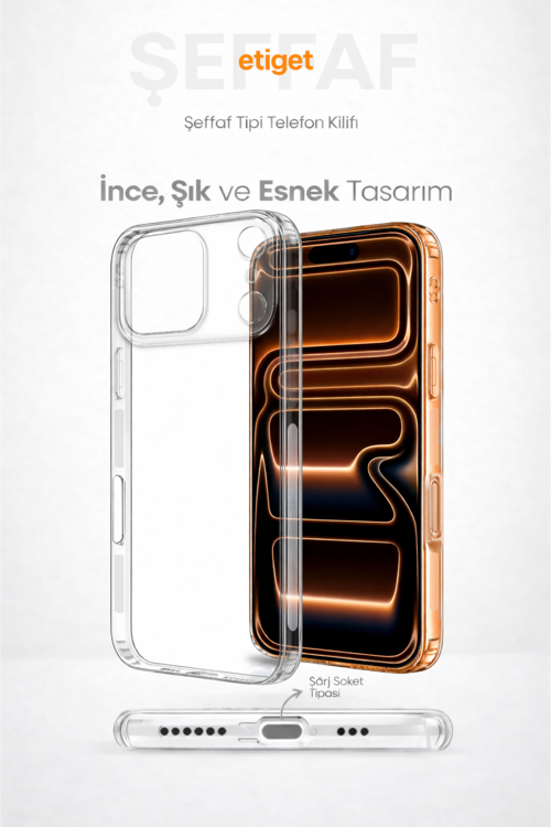 iPhone 17 Pro Max Şeffaf Kılıf - Şarj Girişi Tıpalı - Yanlar Tırtıklı Kaymaz Silikon