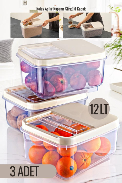 Multibox 12 Lt Kolay Kayar Kapaklı Çok Amaçlı Erzak, Bakliyat Vs. Saklama Kabı 3 Adet
