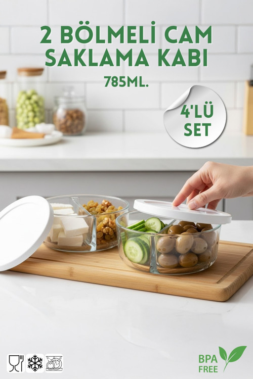 4'lü Set 2 Bölmeli Cam Saklama Kabı - Kapaklı ve Bölmeli Saklama Kabı