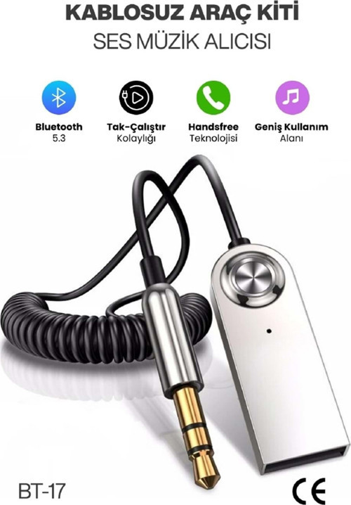 BT-17 Kablosuz Aux Bluetooth 5.3 Araç Kiti Telefon Müzik Dinleme Tak Çalıştır