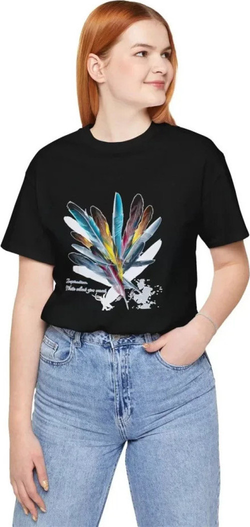 Unisex Bisiklet Yaka Baskılı T-Shirt - Siyah