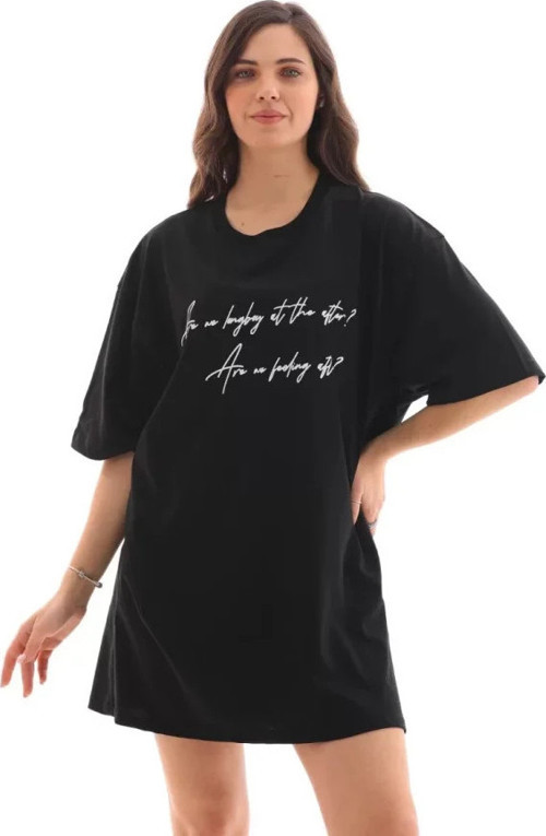 Unisex Bisiklet Yaka Baskılı Oversize T-Shirt - Siyah