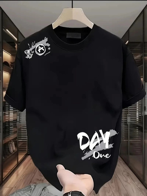 Baskılı Oversize Bisiklet Yaka T-shirt - Siyah