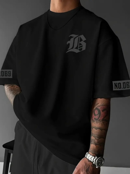 Baskılı Oversize Bisiklet Yaka T-shirt - Siyah