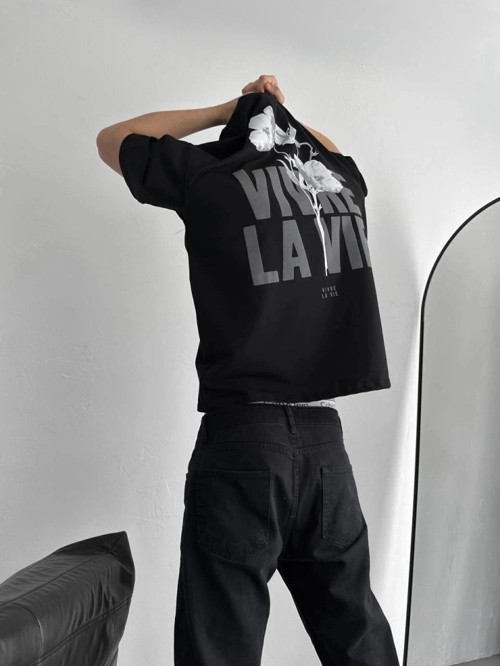 Baskılı Oversize Bisiklet Yaka T-shirt - Siyah
