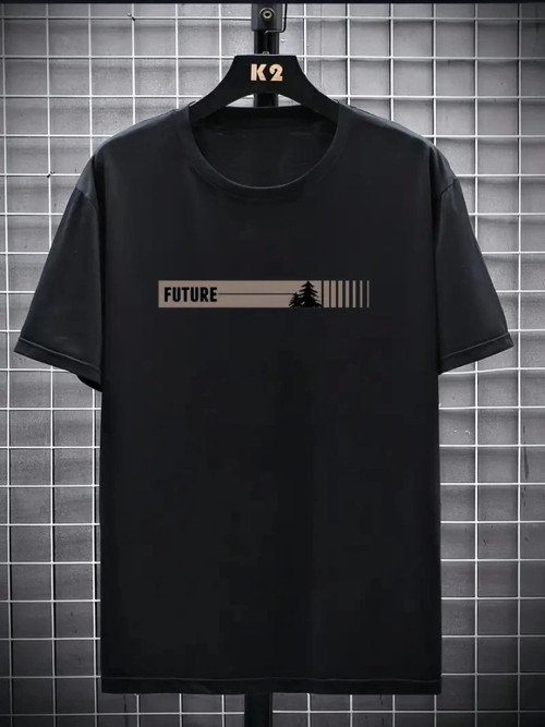 Baskılı Oversize Bisiklet Yaka T-shirt - Siyah