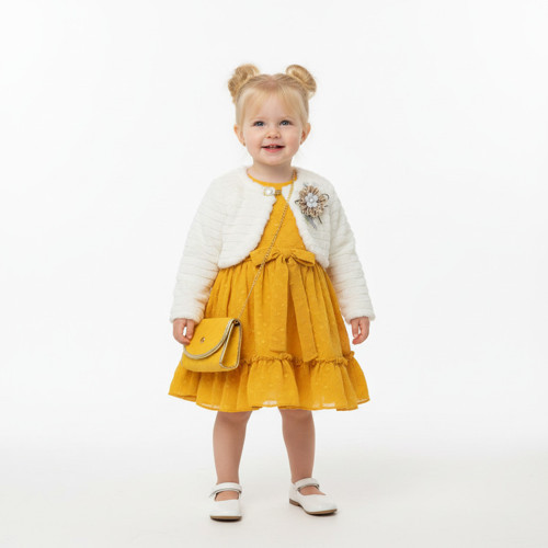 Peluş Bolerolu Çantalı Kız Çocuk Elbise