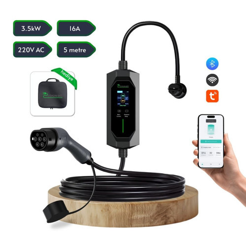 Taşınabilir Şarj Cihazı 3.5 kW / 16A / Tip-2 / Ev Tipi Schuko Fiş / 5m Kablolu / 220V AC / Taşıma Çantası Hediyeli