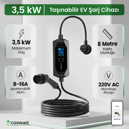 Taşınabilir Şarj Cihazı 3.5 kW / 16A / Türkçe Menü/ Tip-2 / Ev Tipi Schuko Fiş / 220V AC / Taşıma Çantası Hediyeli (8m Kablolu)