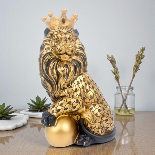 Lüks Taçlı Aslan Heykeli 23 cm Dekoratif Premium Biblo Büst Yeni Ev & Ofis Hediyesi