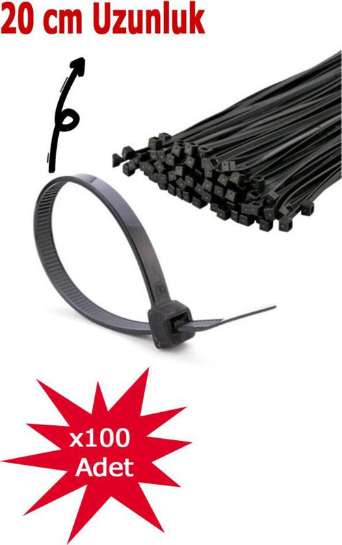 3.6x200 mm Siyah Kablo Bağı 100’lü – Extra Dayanıklı Plastik Cırt Kelepçe RT-3105