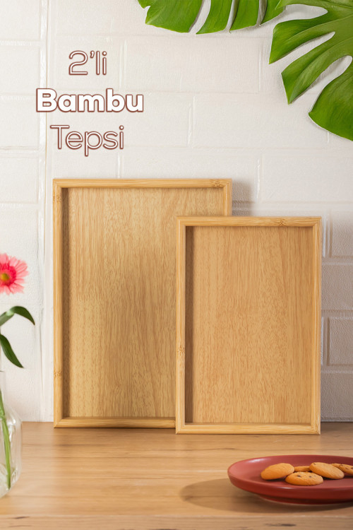 Pbt-362 Ahşap Tepsi 2li Set Çay Kahve Bambu Sunumu Tepsi Seti