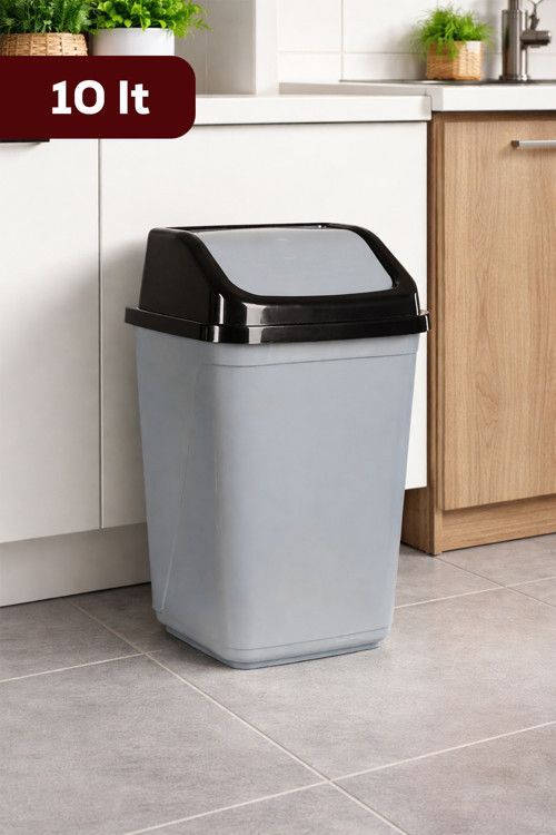 0100 Kapaklı Gri-Siyah Çöp Kutusu - Favori Banyo ve Mutfak Çöp Kovası 10 lt