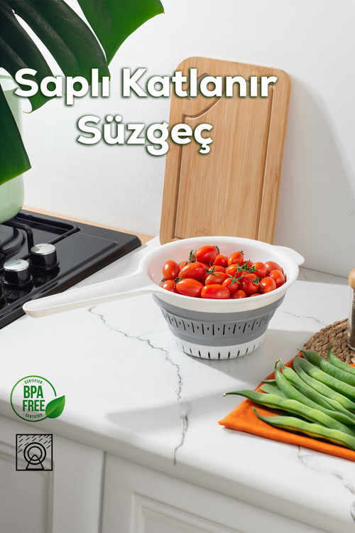 804 Çok Amaçlı Katlanabilir Saplı Yıkama Süzgeci - Akordiyon Pirinç Meyve Sebze Leğeni 3 L