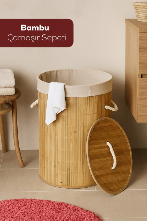 Pbt-052 Kapaklı Kirli Çamaşır Sepeti Yuvarlak - Bambu Kirli Çamaşır Sepeti
