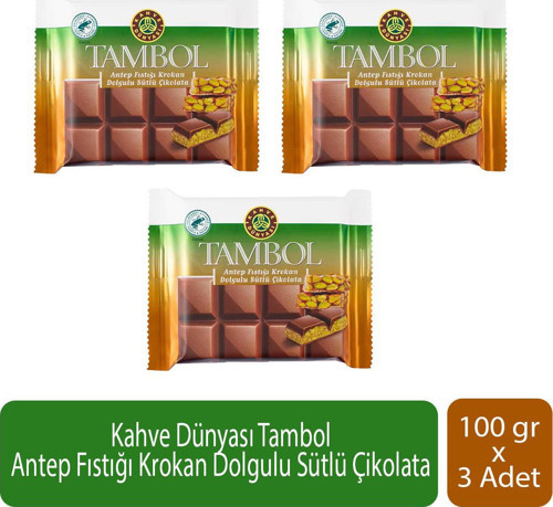 Tambol Antep Fıstığı Krokan Dolgulu Sütlü Çikolata 100 gr x 3 Adet