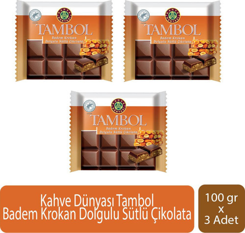 Tambol Badem Krokan Dolgulu Sütlü Çikolata 100 gr x 3 Adet