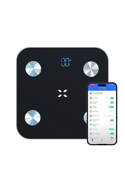 Akıllı Tartı Dijital Baskül BT Apple Health Google Fit, Vücut Kitle, Kas, Su, Yağ, Kemik Siyah X8701