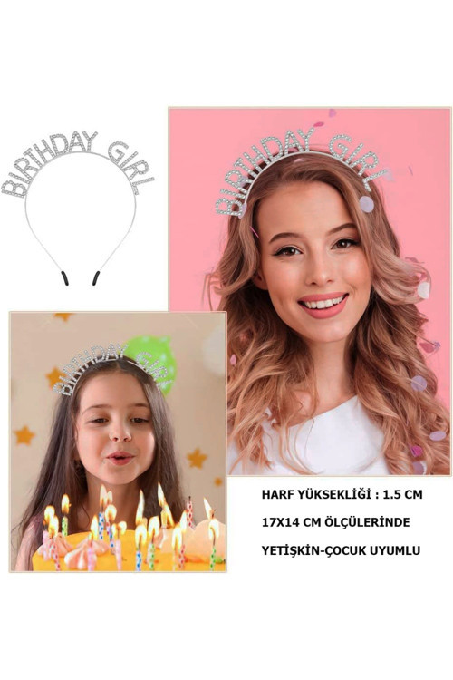 Kristal Taşlı Gümüş Birthday Girl Yazılı Doğum Günü Parti Tacı 19x11 cm GO-53-vice 04642