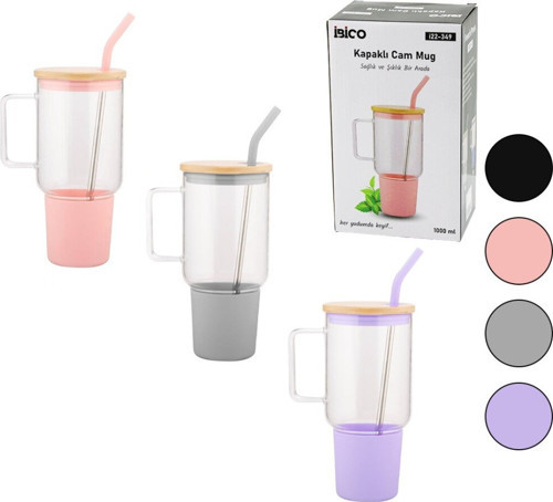 CAM 1000ML MATARA - SULUK BAMBU KAPAK - SIZDIRMAZ SİLİKONLU ÇELİK PİPET KORUYUCU SİLİKON ALTLIK - KI