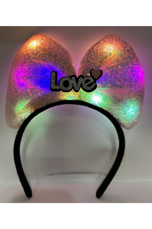 Led Işıklı 3 Farklı Fonksiyonda Yanan Gümüş Love Yazılı Toz Pembe Fiyonk Taç 20X17 cm GO-53-vice 046