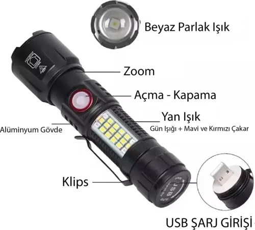 Ws-2828 Ultra Usb Şarjlı Polis El Feneri, Bekçi, Asker El Feneri Kırmızı Mavi Çakarlı 1000 Lümen Go-