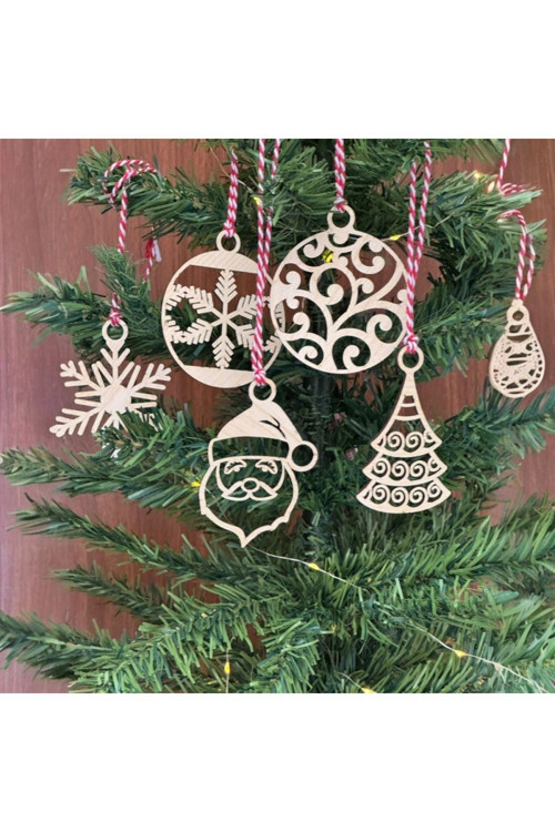 6 Parça Kırmızı Beyaz İpli Noel Babalı ve Kar Tanesi Model Ahşap Yılbaşı Ağaç Süsü GO-53-vice 04905