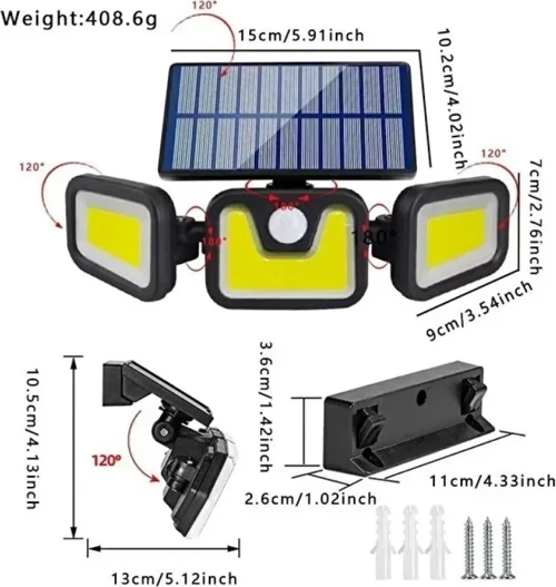 Üçlü Solar Led Projektör – Beyaz Işık – Sensörlü Dış Mekân Aydınlatma GO-53-vice