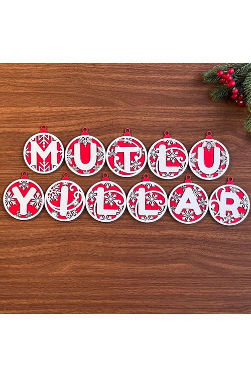 11 Harfli Kırmızı Beyaz İpli MUTLU YILLAR Yazılı Ahşap Yılbaşı Ağaç Süsü GO-53-vice 04902